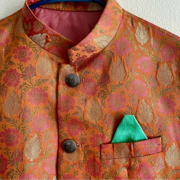 Men’s Salmon color Waistcoat Nehru Jacket ( with green pocket square free) - Picture 6 of 7